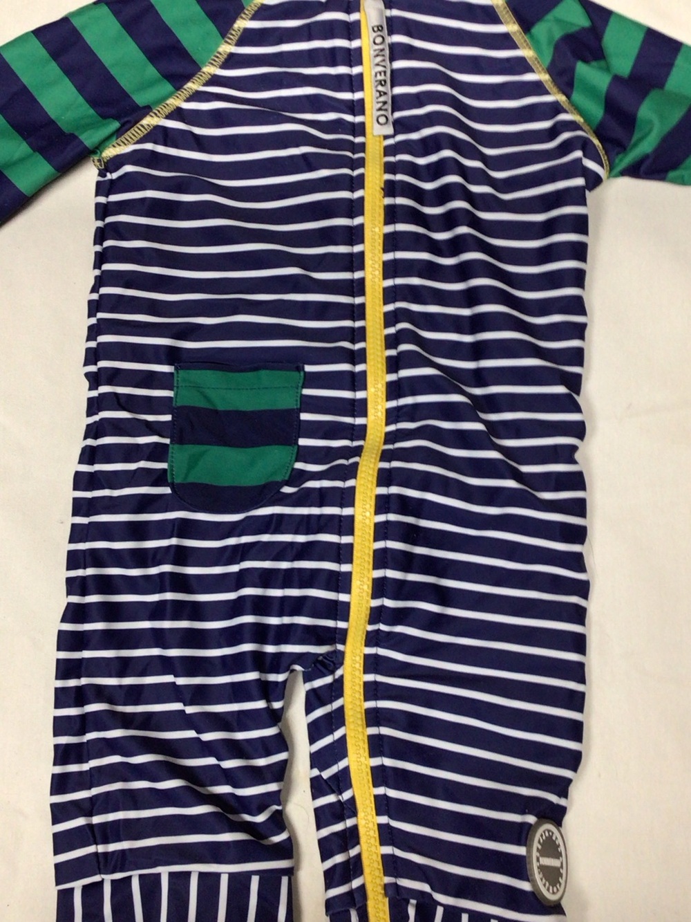 Kids' Navy & White Striped One-Piece with Green Accents.  Wetsuit please read
